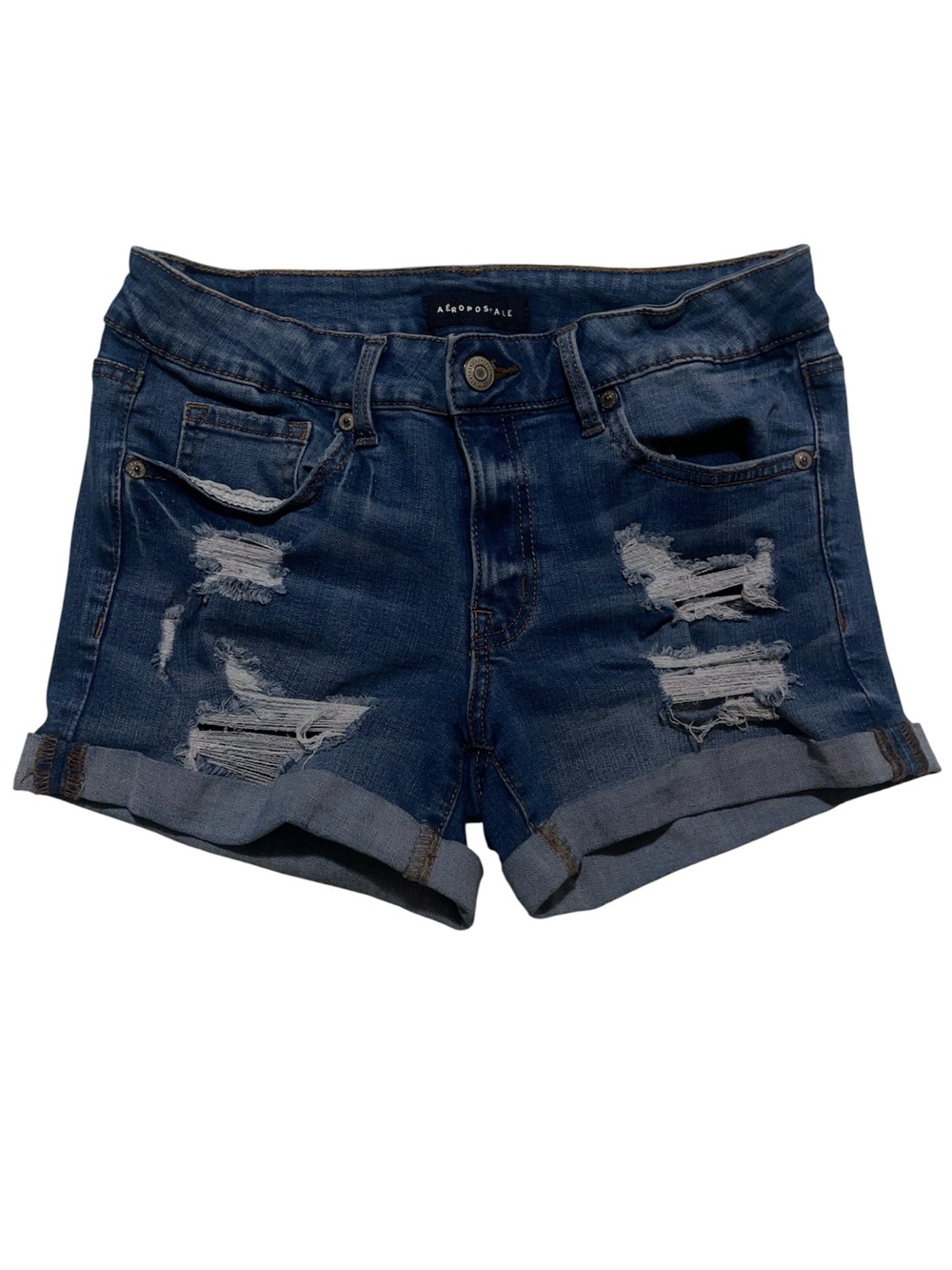 Aeropostale Dark Blue Distressed Rolled-Hem Denim Shorts